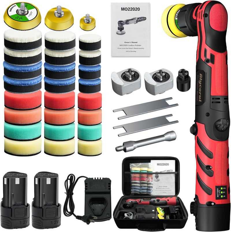 Blycorul Cordless Mini Polisher,1/1.5/2Inch,DA&RO with 11 Variable Speed 2500-6000 RPM,2 * 2.3Ah Rechargeable Batteries,Red Car Detailing Micro Polisher - Image 1